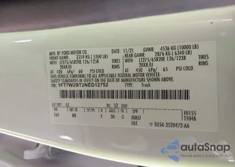 2022 Ford F-250 Platinum z USA, uszkodzony, nr VIN 1FT7W2BT2NED12752